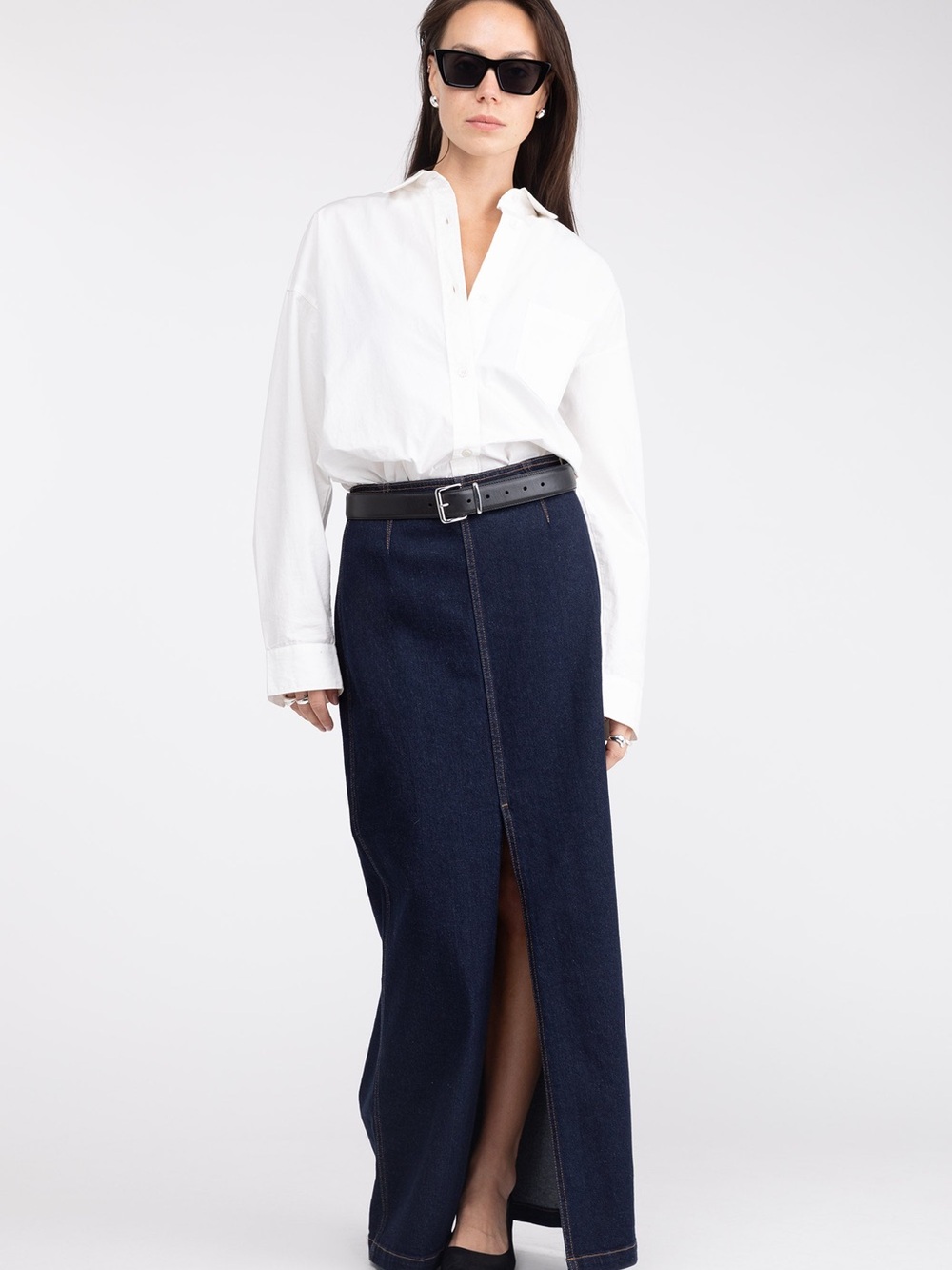 OAK + FORT Dark Blue Straight-Leg Denim Skirt with Front Slit